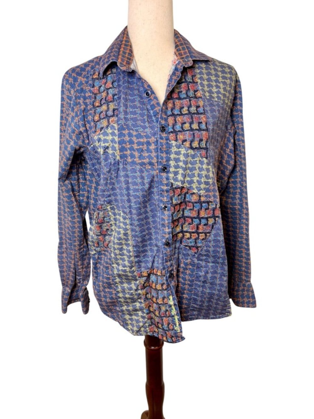Robert Graham Bulldog Rainbow Patchwork Houndstooth Button Down Shirt Small